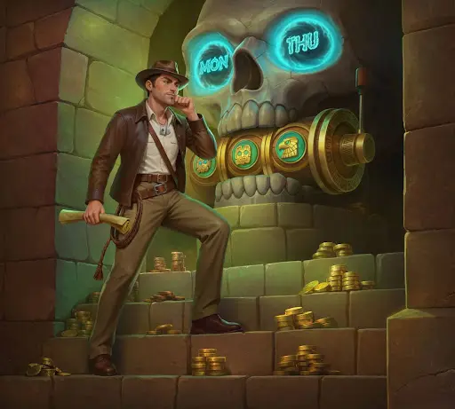 Esploratore riflessivo davanti a un antico meccanismo a forma di teschio con simboli luminosi, mentre valuta la strategia migliore tra oro e ingranaggi misteriosi, richiamando l’atmosfera di sfida e scoperta del casino online sankra